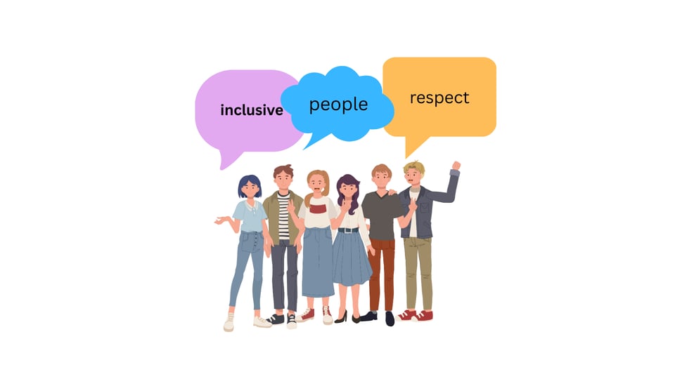 A group of people stand looking at the reader with speech bubbles above them that say Inclusive people respect.