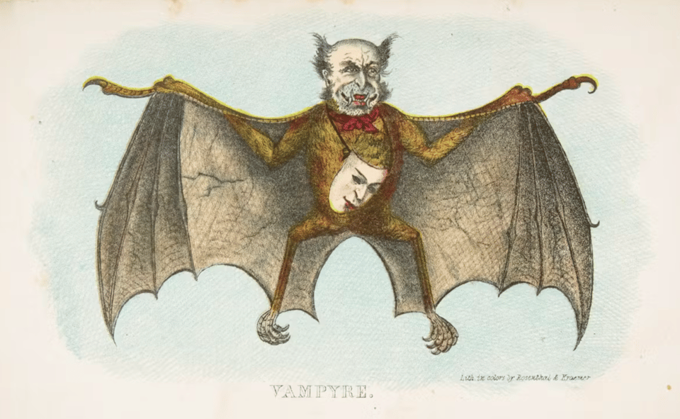 An 1800s sketch of a vampire, who looks like an old white man with pointy hair but also has a mask of a younger person? It's odd.
