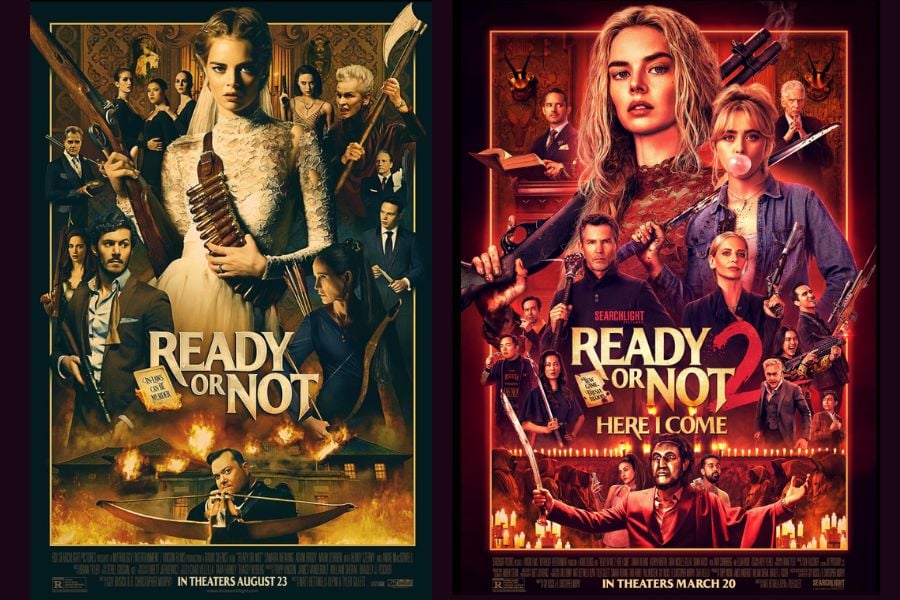 A split movie poster featuring "Ready or Not" on the left, showcasing a bride with a crossbow surrounded by a tense group of characters, and "Ready or Not 2: Here I Come" on the right, featuring a confident woman in a stylish outfit, accompanied by a diverse ensemble of characters in a dark, dramatic setting.