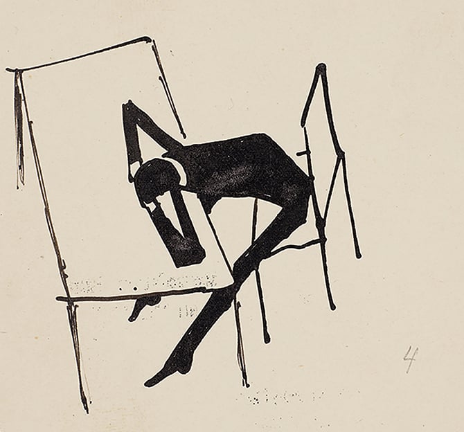 Kafka's ink drawing of a man at a table, head down