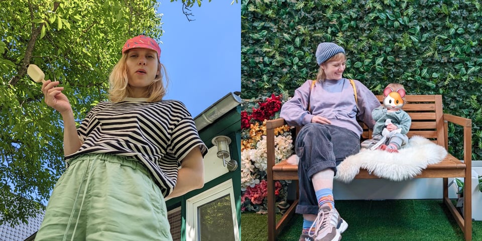Two photos of Leslie, showing her in a summery setting eating ice cream, and also sitting on a wooden bench with her little daughter.