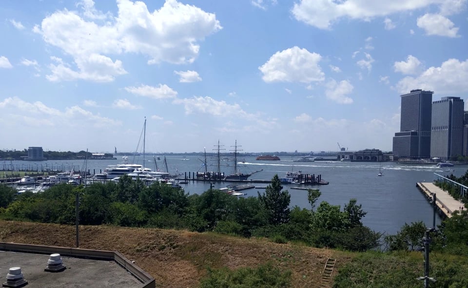 Photograph of the Brooklyn Bridge Park Marina from the Brooklyn Heights Promenade taken on July 3, 2026..