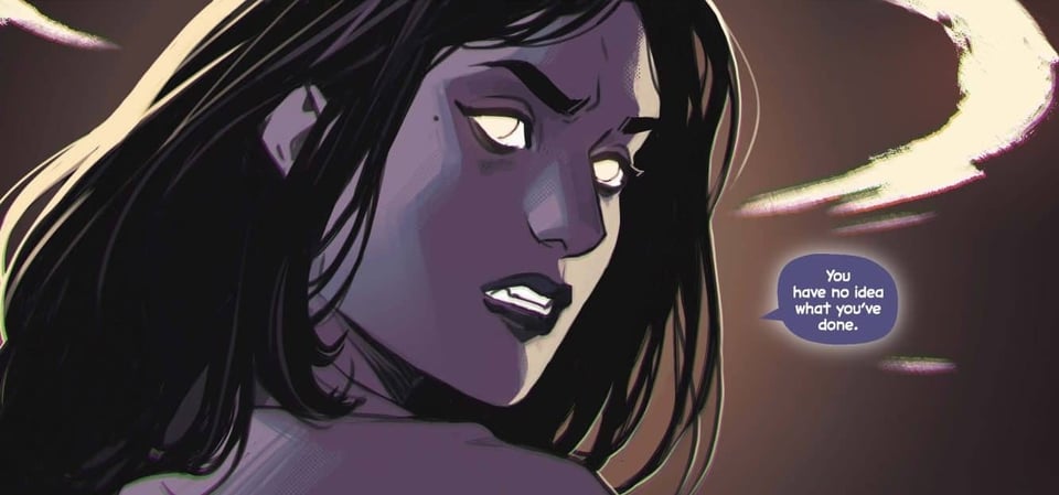 A woman with blue-gray skin and yellow eyes says "You have no idea what you've done."