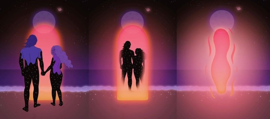 a cosmic couple with star-flecked skin standing in front of a glowing portal.