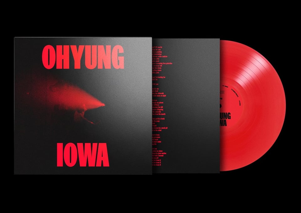 Rendering of OHYUNG's IOWA vinyl, featuring a the album art as the cover, a black insert with red vertical text (illegible in the render), and a bright red vinyl peeking out
