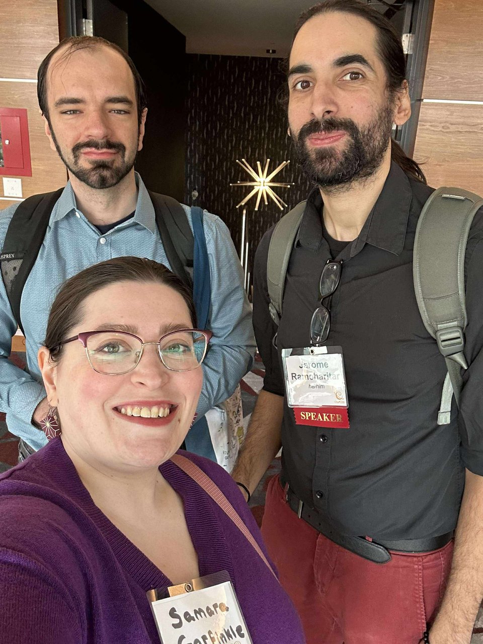 Me in a blue shirt, Jerome Ramcharitar in a black shirt, and Samara Garfinkle in a purple shirt