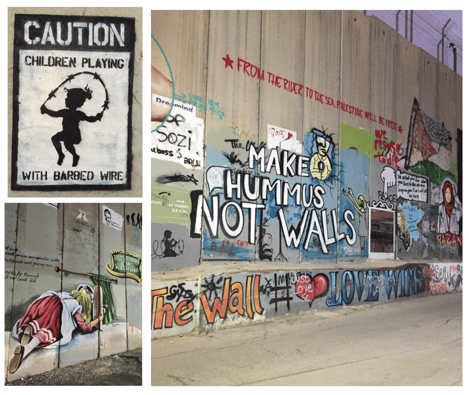 Three images painted on all concrete slabs. The first is a stencil of a little girl jumping rope with barbed wire, with the words "children playing with barbed wire".  In the second, a number of slogans artfully painted on the wall:  "Make hummus, not walls", 'From the river to the sea, Palestine will be free" and "Love wins".  In the thid, painted on the same concrete slabs is a painting of Alice in Wonderstand peering through the wall, with the words "Palestinians in Wonderland"