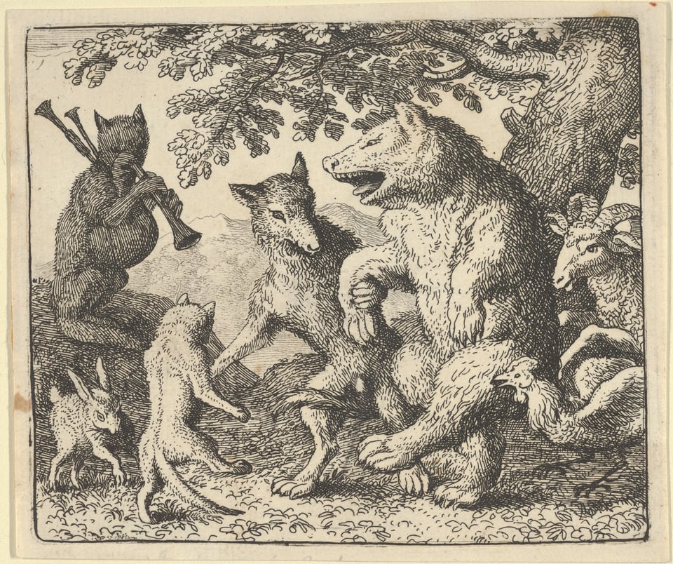etching of fox and bear celebrating