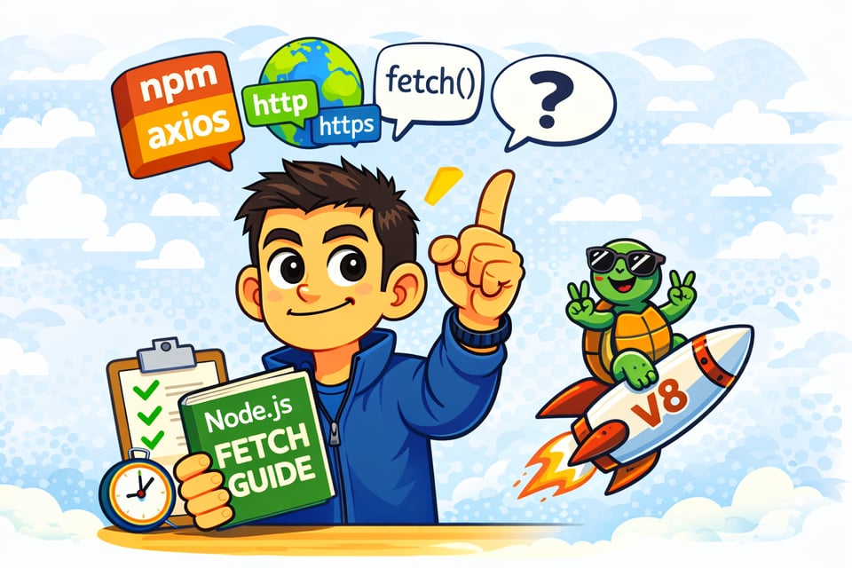 Cartoon illustration in flat colors: a smiling developer in a blue hoodie points upward while holding a green “Node.js FETCH GUIDE” book. Above him, speech bubbles read “npm axios”, “http/https”, and “fetch()” with a question mark. On the right, a cool turtle wearing sunglasses rides a rocket labeled “V8”; a checklist and stopwatch sit on the desk against a soft, patterned sky background