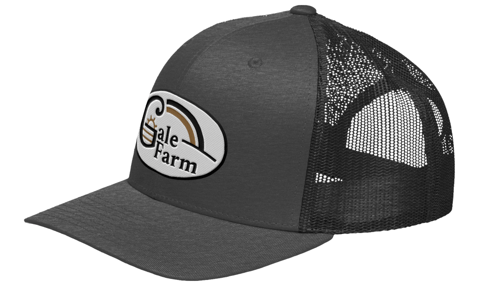 A trucker hat with the Gale Farm logo on it