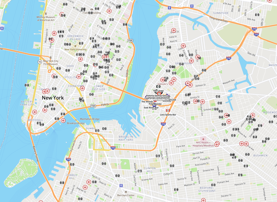 A detailed digital map of New York City shows Manhattan, Brooklyn, and parts of Queens, with major bridges like the Brooklyn and Manhattan Bridges crossing the East River. The map is marked with numerous black and red circular icons indicating venues, restaurants, and points of interest. Neighborhoods such as Greenwich Village, Chinatown, Williamsburg, and Bushwick are clearly labeled, along with landmarks like the Whitney Museum of American Art and NYC Health + Hospitals/Woodhull