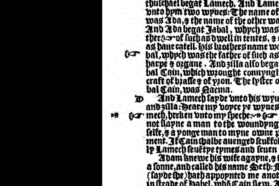 [A close crop of a bible with blackletter type and “manicules,” or tiny illustrations of hands, in the margins, pointing towards important parts of the text.]