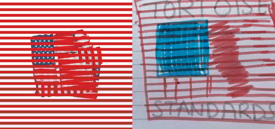 This appears to be a photo of two American flags, folded up into squares, one on top of the other, but with a a series of horizontal red lines (like on the American flag) cutting across the image and obscuring it to some degree.