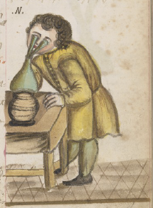 A late medieval drawing of a man looking into an eyepiece attached to a glass bottle.