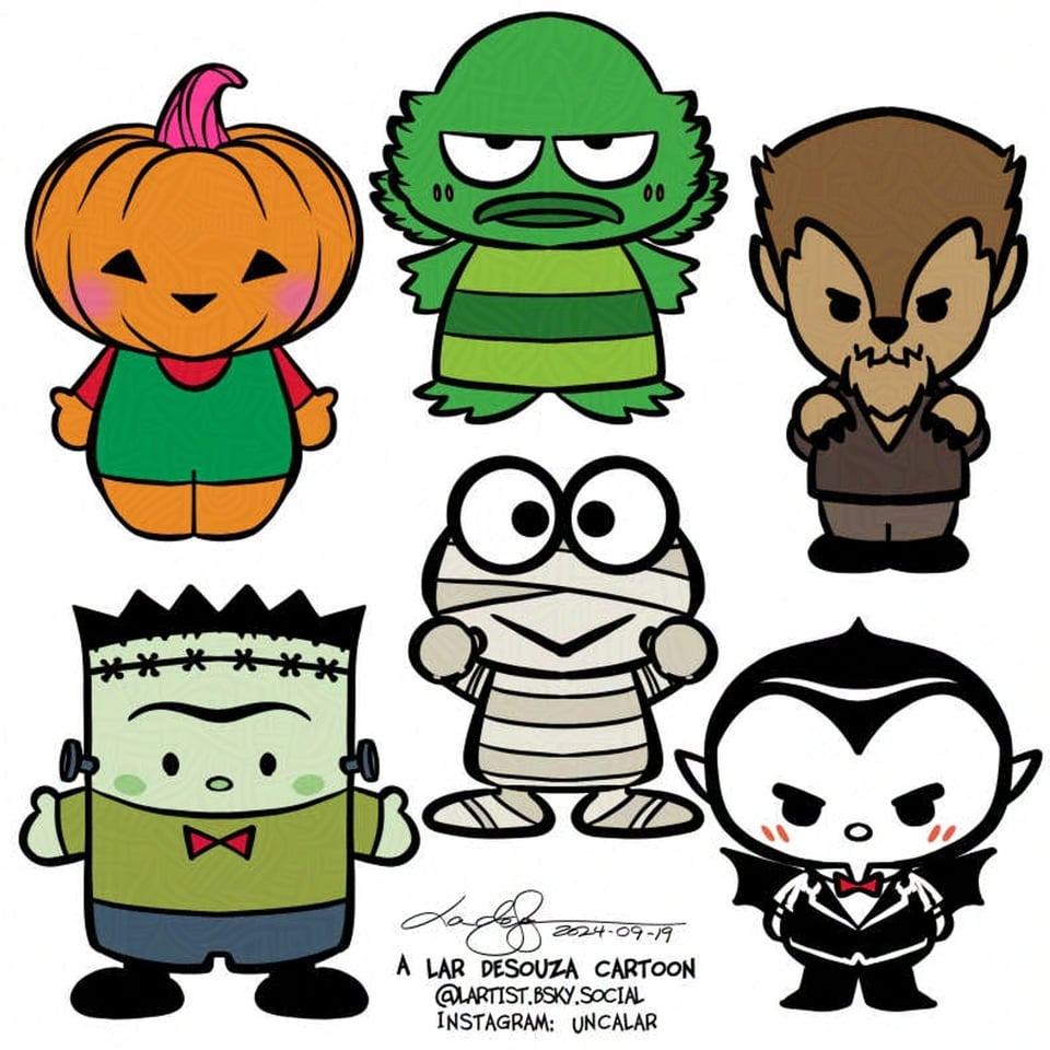 Sanrio-style cartoon versions of the Universal Monsters, like wolfman, the creature from the black lagoon and Dracula