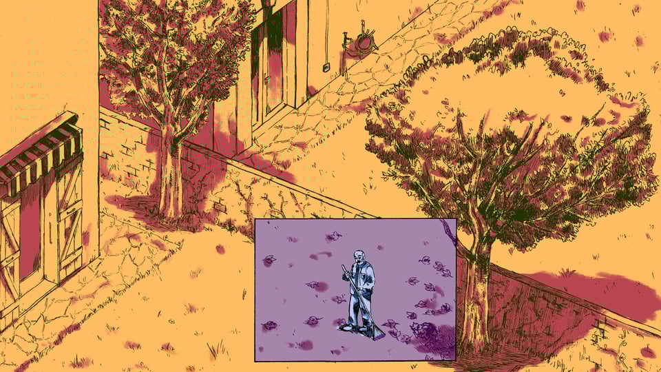 Screenshot from the scene Claude: a yellow and red background where we can see two houses and two gardens separated by a brick wall. In the middle, a purple panel with an old man sweeping some leaves