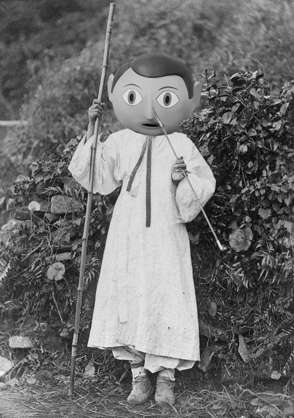 A black and white image of a korean man wearing grass shoes with the large papier mache "Frank" head superimposed