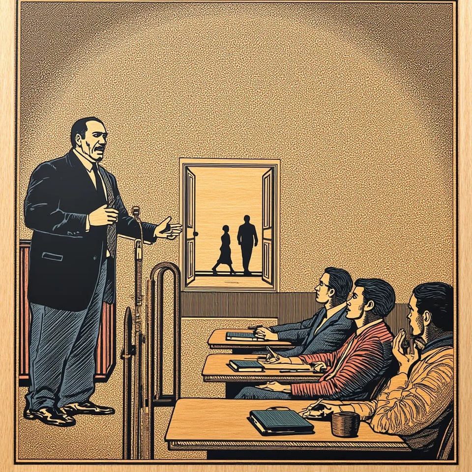 A businessman giving a speech while his shadow slips out the back door