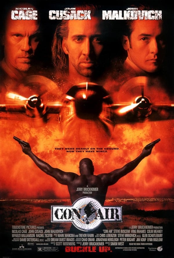 The poster for 90s action movie Con Air--Cage, Cusack, and Malkovich get top billing.