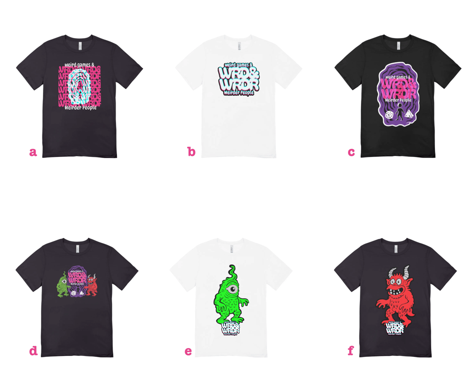 6 tshirt designs, one show a portal, one with just the podcast titles, and other showing monsters with some variations.