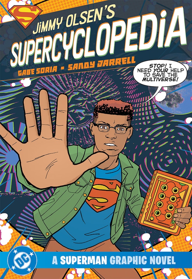 the cover art to the DC Comics graphic novel, Jimmy Olsen's Supercyclopedia