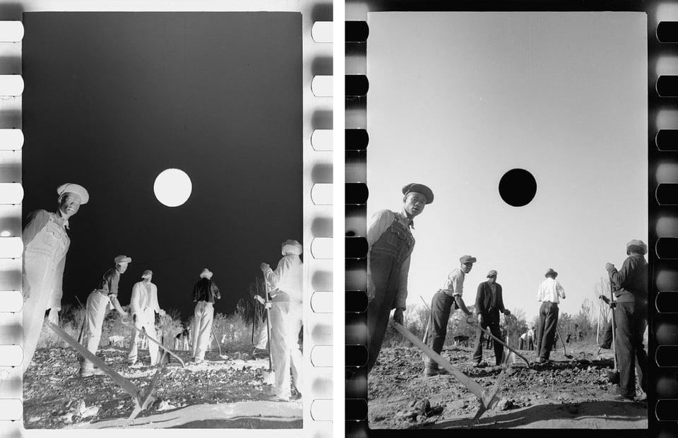 Two side by side negatives - one negative and one positive -- of a farm scene. Taken during the great depression, the image is of men tilling and clearing a field. One man looks at the camera. What looks like the sun is actually a hole that has been punched through the negative, essentially destroying it.