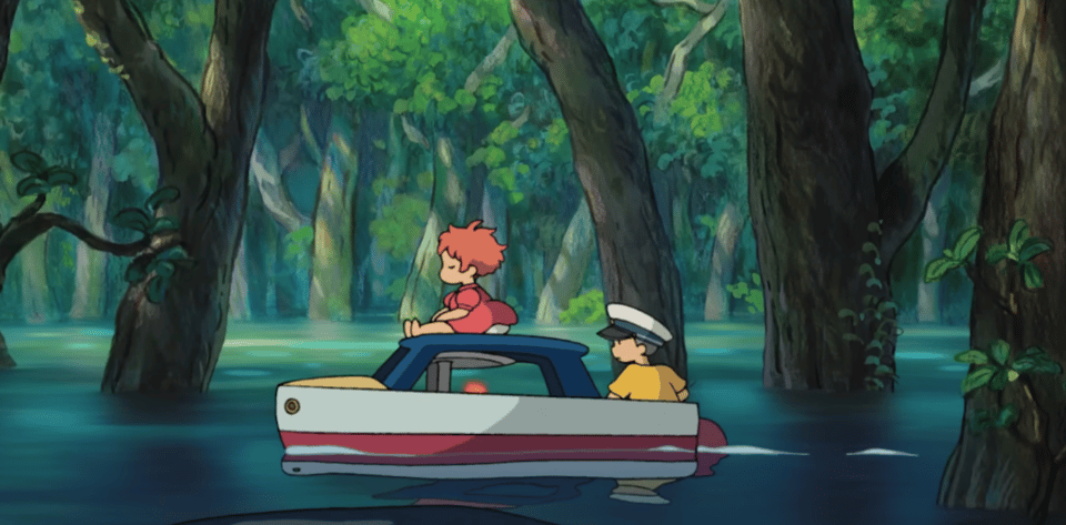 An animated forest with high water and two characters, a young girl with red hair and a red dress and a young boy wearing a captain's hat and a yellow shirt are driving a boat across the forest.