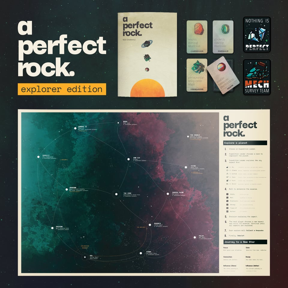 A spread of all the items in A Perfect Rock Kickstarter. Includes the book, a deck of rock oracle cards, 2 patches, and a big star map.