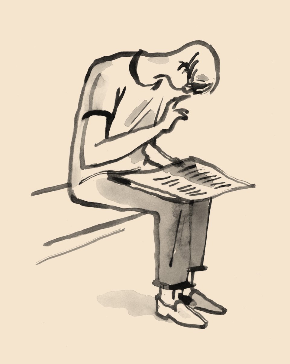 ink drawing of a young man reading the newspaper