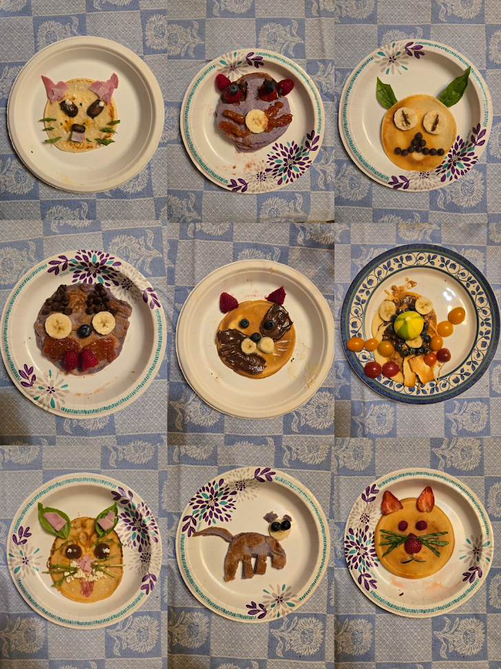 9 images of crepes on paper plates designed as cats