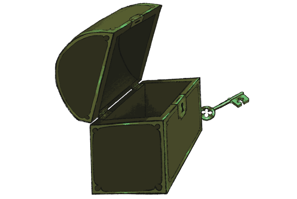 A drawing of a treasure chest and key.