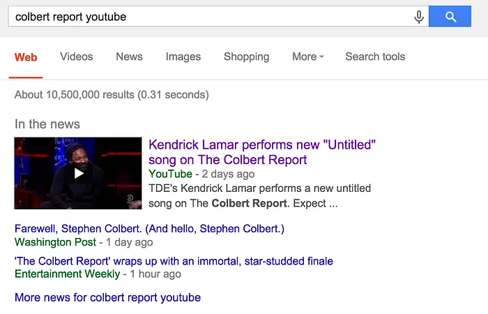 Search results for "Colbert Report YouTube" with Kendrick Lamar at the top