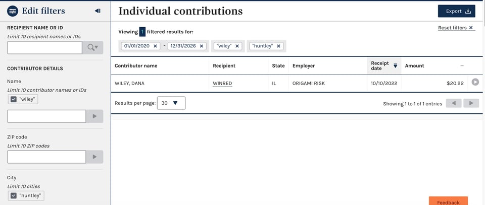 Image of the results of campaign donations Dana Wiley made in the span of January 1, 2020 to December 30, 2025 to federal elections. The results have one small donation of about $20 in 2022 to Winred, a right-leaning PAC.