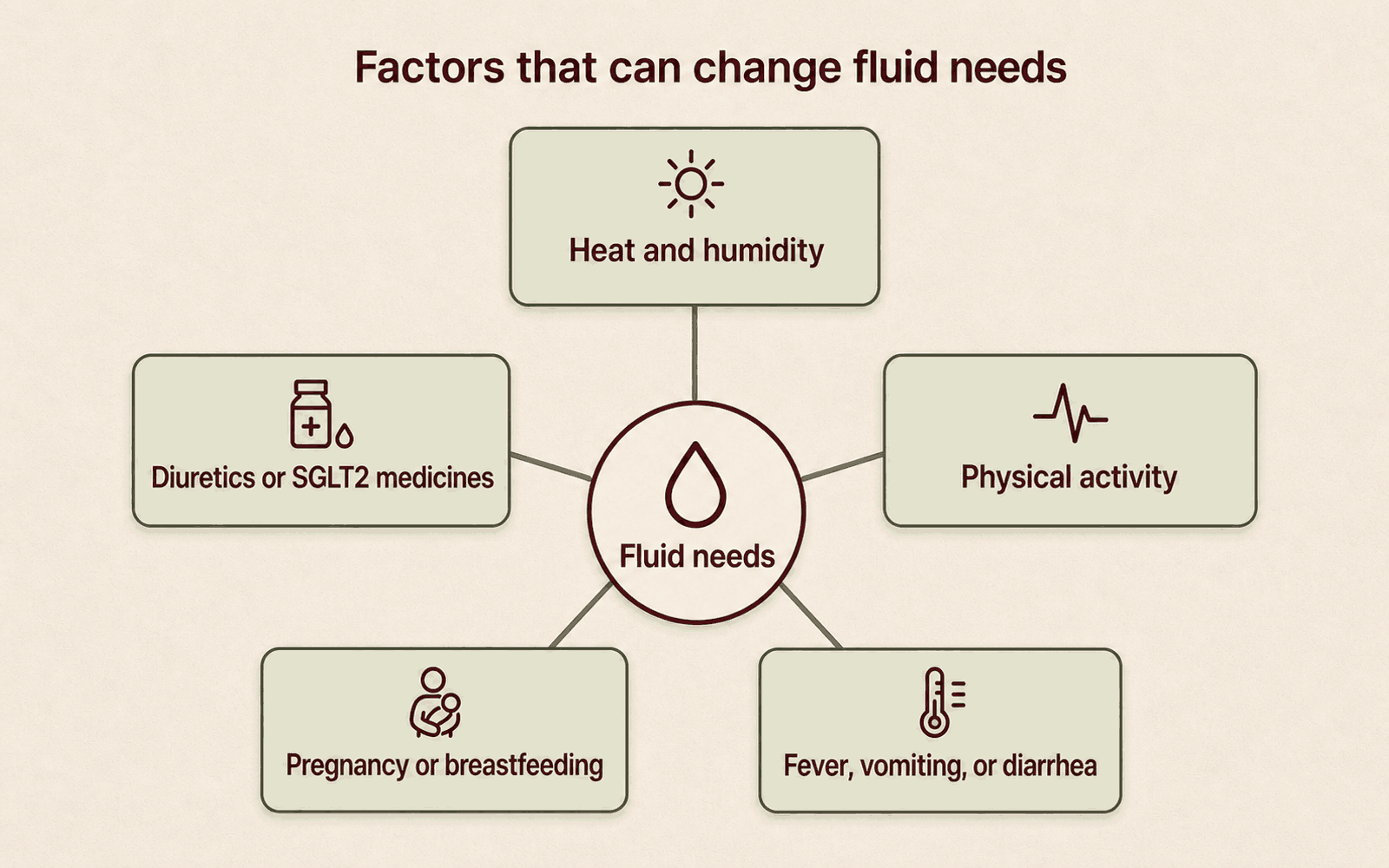 Five equally weighted factors surround a central fluid-needs symbol: heat and humidity, physical activity, fever, vomiting, or diarrhea, pregnancy or breastfeeding, and diuretics or SGLT2 medicines. No factor is ranked above another.