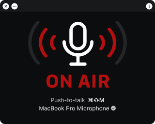 Mic Check interface showing a microphone, volume meter, and "on air"