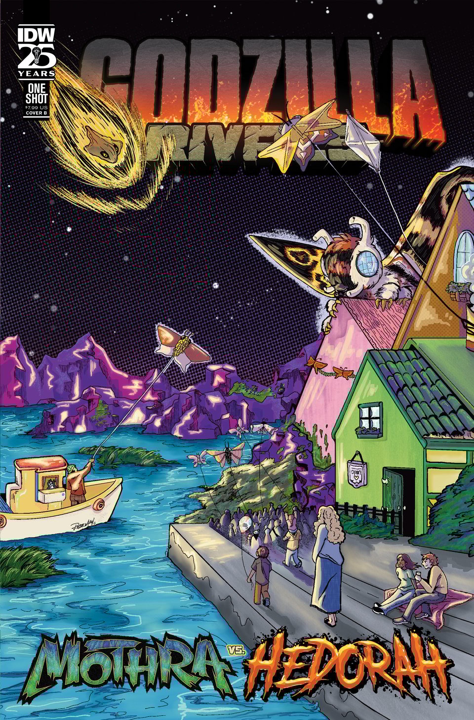 A cover by Rebecca Ann for Godzilla Rivals: Mothra vs. Hedorah. It depicts a village scene during a Mothra festival. Kids and adults hold Mothra-themed flags and balloons as they have fun. On top of a building, Mothra is watching the scene. Seemingly unbeknownst to the townspeople, Hedorah is hurtling toward them like a comet.