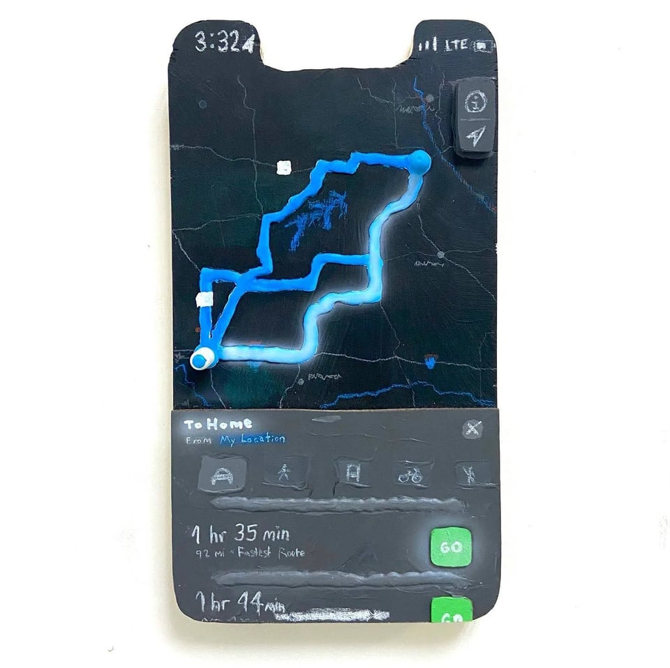 A picture of an artwork. It is a painting of an iPhone screen that crudely shows what appears to be map directions “to home, from my location”. The two options are "one hour and 35 minutes" and "one hour and 44 minutes". The blue lines on the map seem to glow faintly. The painting is very distressed, as if it had been painted on some cracked and broken surface, like stone.