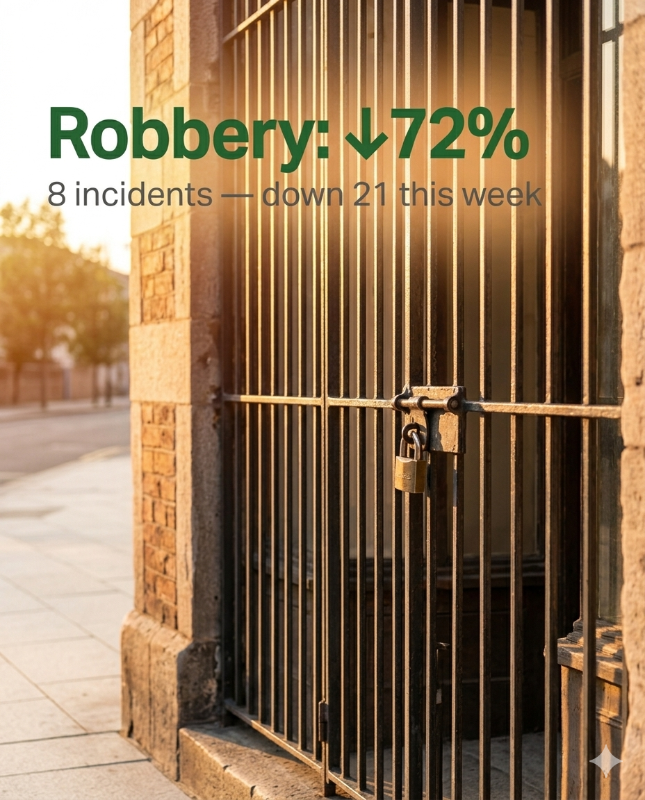 An image with a  warm glow of a locked gate with the robbery stats showing 8 incidents, down 72%