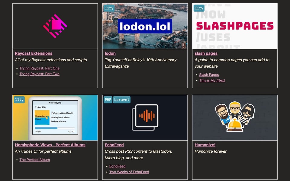 A screenshot of the projects page with six projects: Raycast Extensions, lonon, slash pages, Hemispheric Views, EchoFeed, and Humonize!