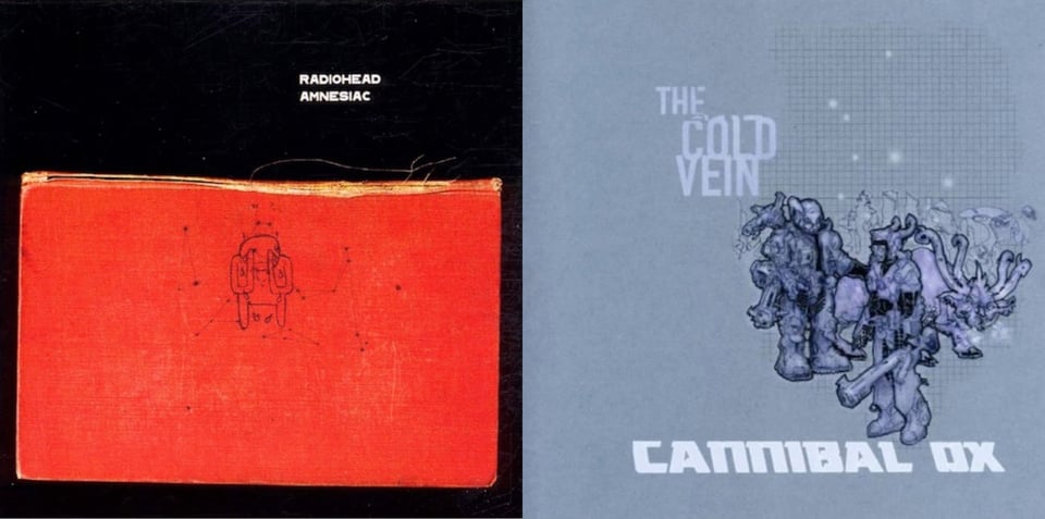First pic: An old and distressed red hardcover book, placed horizontally so its spine is at the top, on a black background. The spine is damaged and peeling. On the book is a sketch of a spindly, bald, almost alien figure that seems to be holding its hands to its eyes, as if crying. Second pic: On a grey-blue background are grey, blue and purpple drawings of some SF/fantasy warrior types and a four-legged creature with tentacles coming out of its head. I would call the art style Warhammer 40k meets anime.