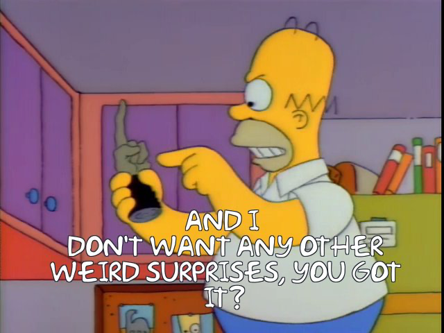 Homer Simpson threatening a wish-giving monkey's paw, "And I don't want any other weird surprises, you got it?"