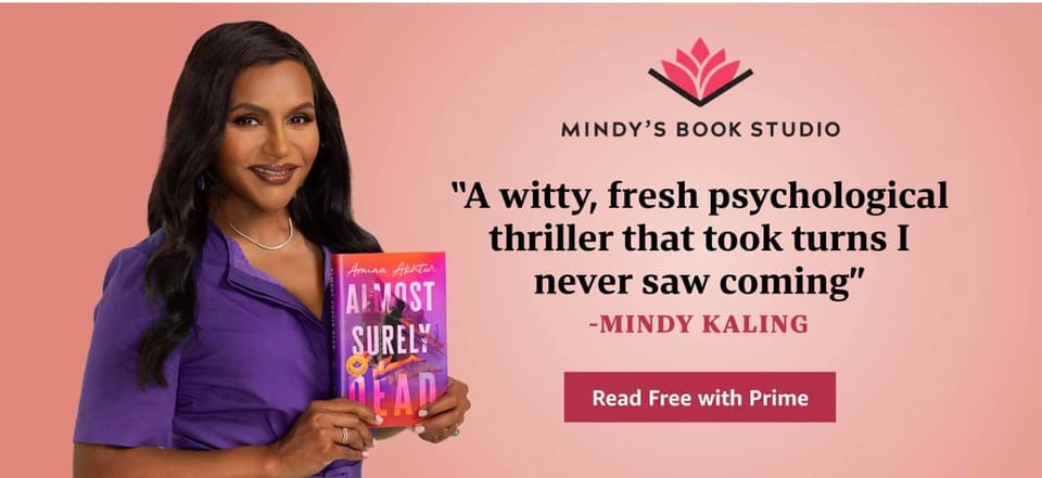 An image of Mindy Kaling holding Almost Surely Dead along with a quote about the book.