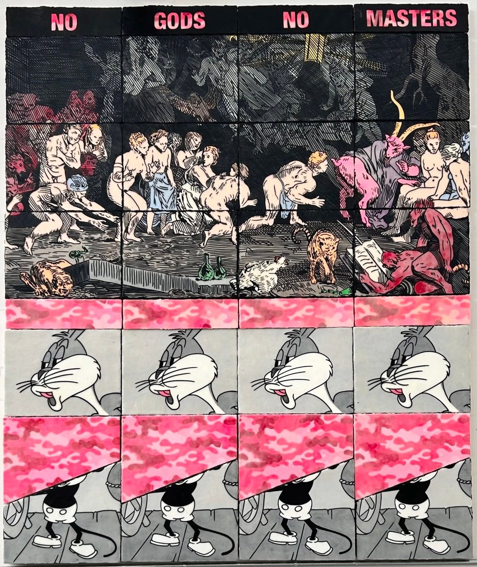A very large chaotic painting. The very top says NO GODS NO MASTERS. Below that there's a whole scene of naked people in line to kiss Satan's ass. Then Bugs Bunny and a beheaded Mickey Mouse show up. Plus some pink camo guillotine blades. Honestly, it's a lot.