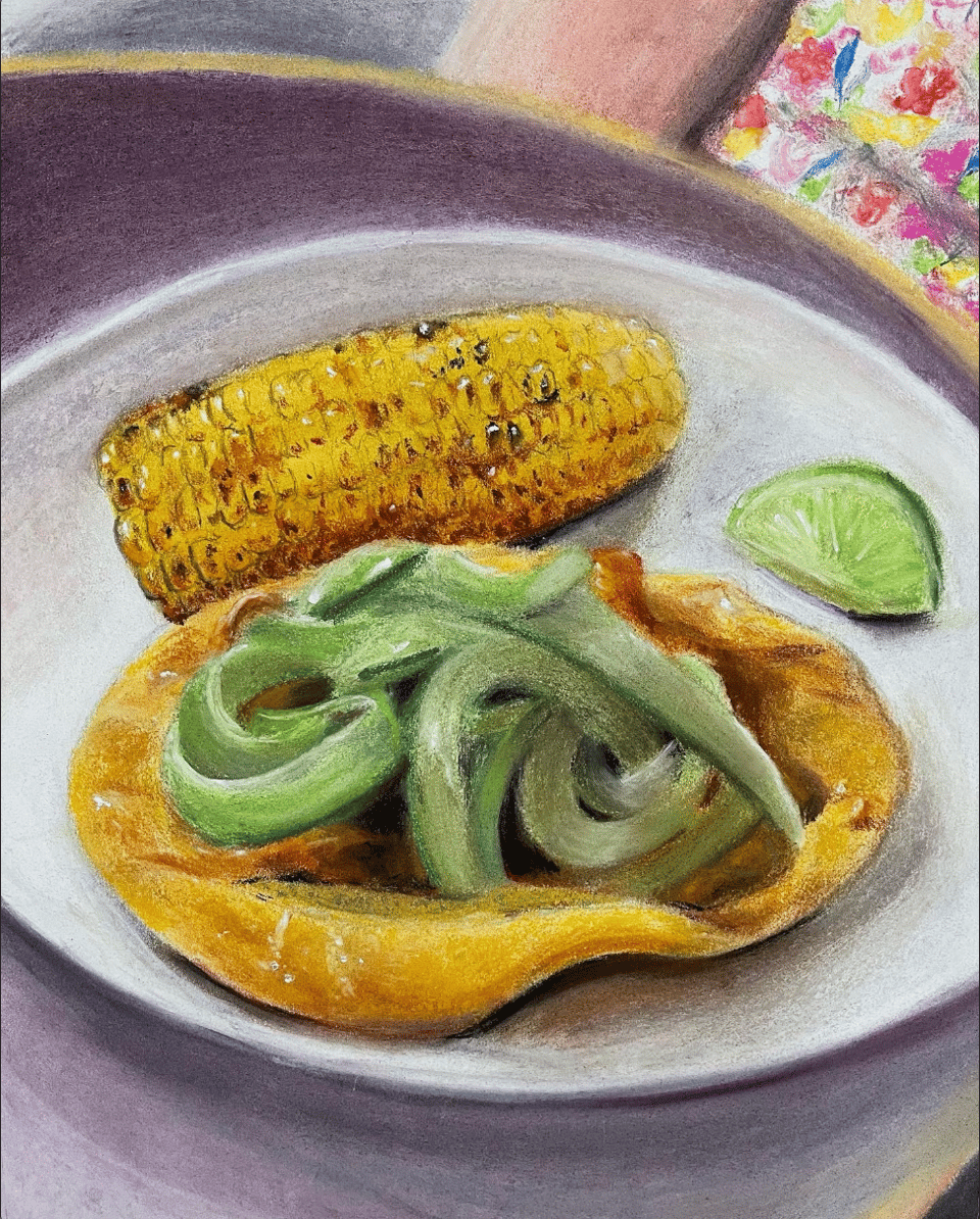 chalk pastel drawing of charred corn on the cob and Trinidadian doubles on a plate