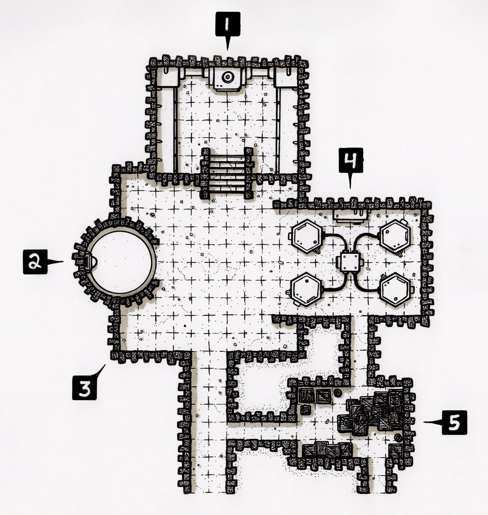 Overhead map, featuring a room full of crates and barrels.