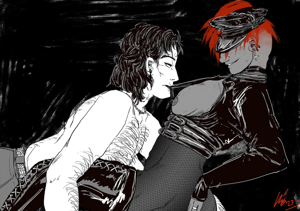 Black and white toned picture, with red colors spots in the woman's hair and the red emblem on the muir cap.  Magnus is slowly moving towards the woman, Irène. He's topless, wearing a black pants with a textured belt. He's wearing a collar with beads, and has a black reverse cross as an earring. He also has some sort of mullet? Who knows. He sure has a lot of body hair on his chest and arms though. He's looking at her with desire in his eyes, as he's biting and pulling at a piece of leather between her boobs.  Irène on the other hand is leaning back and smirking, the leather cap covering her eyes so we can't see them. She has freckles on her dark skin and around her chest. Her cap has a red star with guns coming out the sides on the front. Her natural hair is a semi-mohawk, fade at the back, colored red. She's wearing two loop earrings and a white reverse cross at the ear lobe.  Her outfit is a long-sleeved short jacket of sorts, with the front open wide and her boobs visible. Her long sleeve ends at her knuckles and we see her wedding ring. Her corset is three belts that end around her ribs. Her lower half is naked, although "covered" by stockings. Lastly, she's wearing thigh high boots, made of leather too.