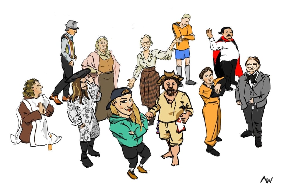 A collection of sketches of improvisers on a white background.