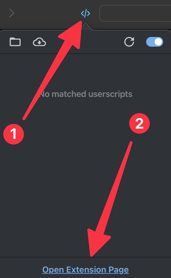 Screenshot showing two red arrows pointing at the userscript icon and 'Open Extension Page' link.