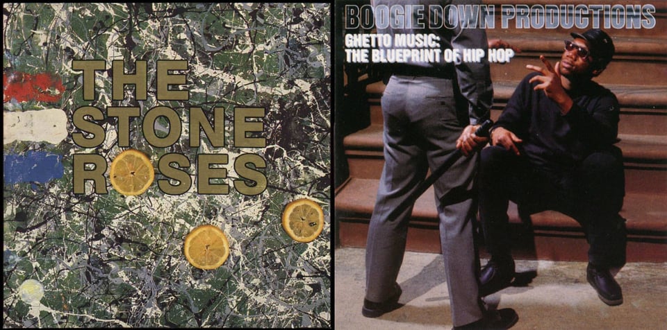 First pic: This is a painting in a Jackson Pollock style, of splatters of white and black paint on a dark green background. On the left are three thick strips of paint, one red, one white, one blue. There are three circular slices of an orange or lemon on the canvas as well. THE STONE ROSES in gold lettering is in the center, and one of those slices forms the O of Roses. Second pic: A Black man in black shirt, black pants, black shoes, black baseball cap and sunglasses sits on a stoop. Standing above him is a cop, but we only see him from behind and from the back down. The Black man is gesturing with his left hand, the cop is pointing at him with his right. There is the suggestion that they are having a conversation, possibly lecturing each other? But the cop has a baton in his right hand, suggesting that only one of them has state violence on their side.