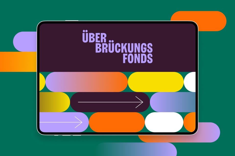 Mokcup of an iPad with the colorful branding for Überbrückungsfonds